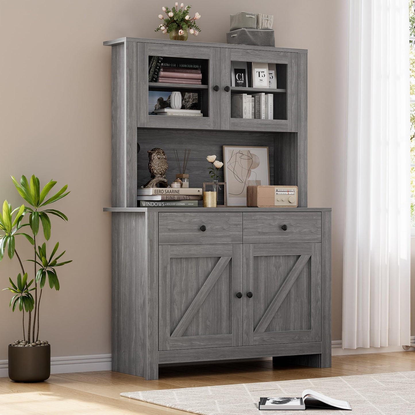 63" Tall Farmhouse Kitchen Pantry Cabinet with Microwave Stand, Freestanding Pantry Hutch Cabinet with Adjustable Shelves, Drawers & Countertop, Buffet Cupboard for Dining & Living Room Storage, Grey