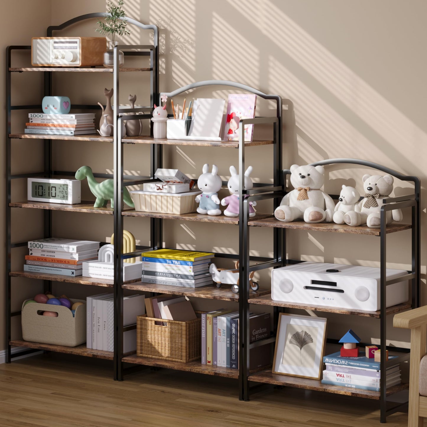 JSB 5 Tier No Assembly Folding Bookshelf, Arched Bookshelf, Foldable Bookcase for Living Room, Bedroom, Office,Skinny Bookshelf (Fire Brown)