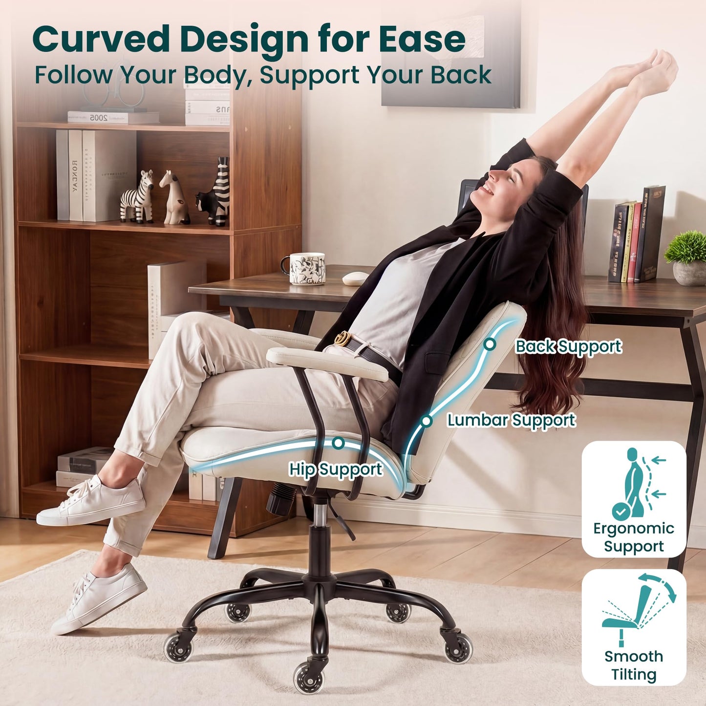 NEO Chair Ergonomic Leather Office Desk Chair with Fixed Armrests Mid Back Lumbar Support Swivel Executive Computer Chair with Wheels Comfy Home Office Chair for Adults (Ivory)