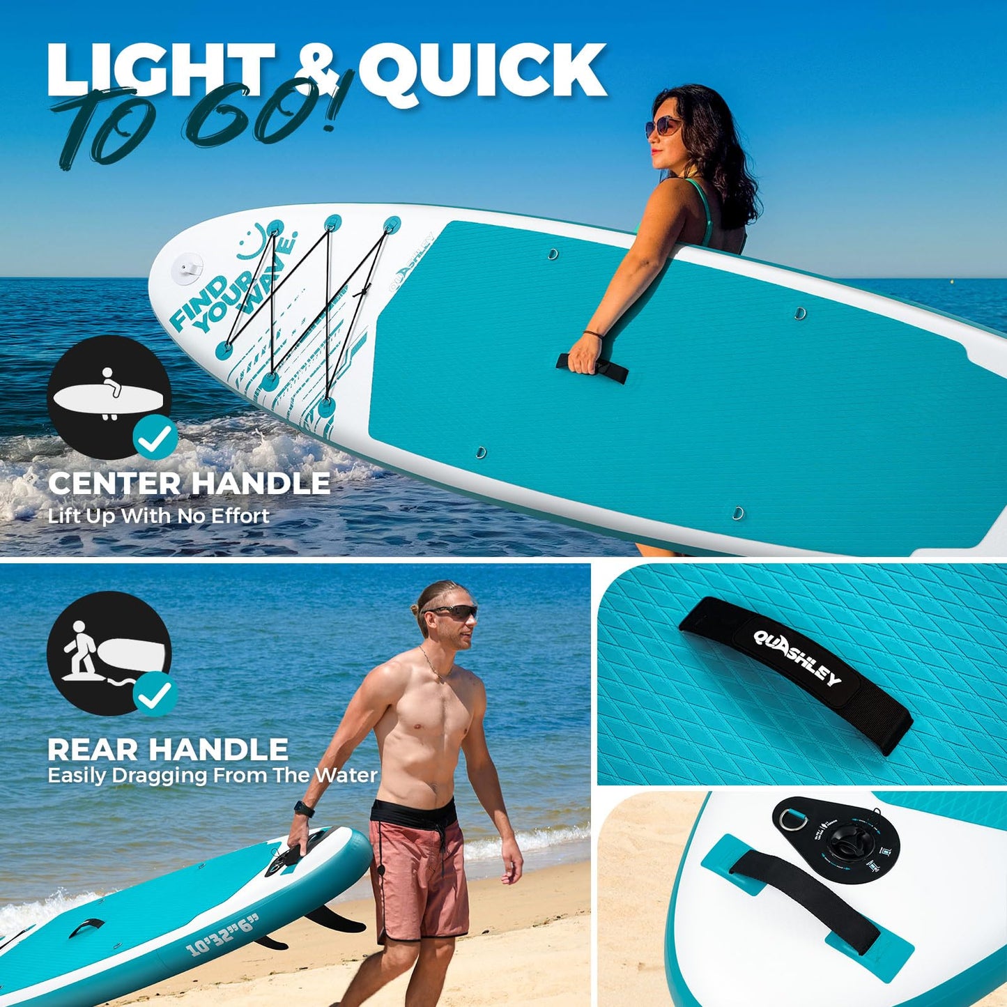 Quashley 10.5'*32" Inflatable SUP Board Premium Kit - Paddle, Pump, 10L Dry Bag Included - Lightweight and Compact for Effortless Transport