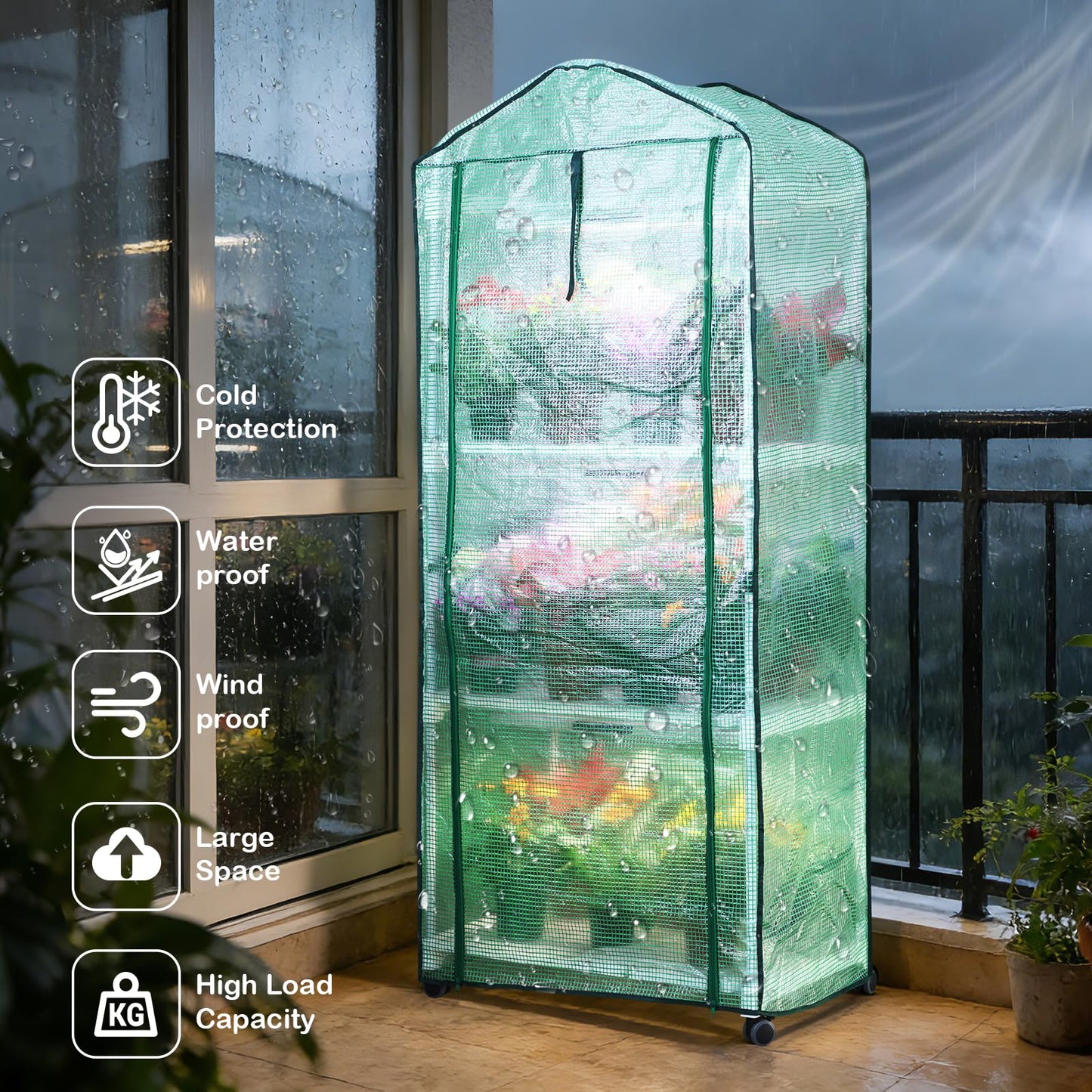 Mini Indoor Greenhouse with Grow Light, 3-Tier Portable Plant Greenhouse Cabinet with Wheels, 36W Full Spectrum LED, Waterproof PVC Tent Cover for Seed Starting, Herbs, Indoor Plants (Green, 3 Tier)
