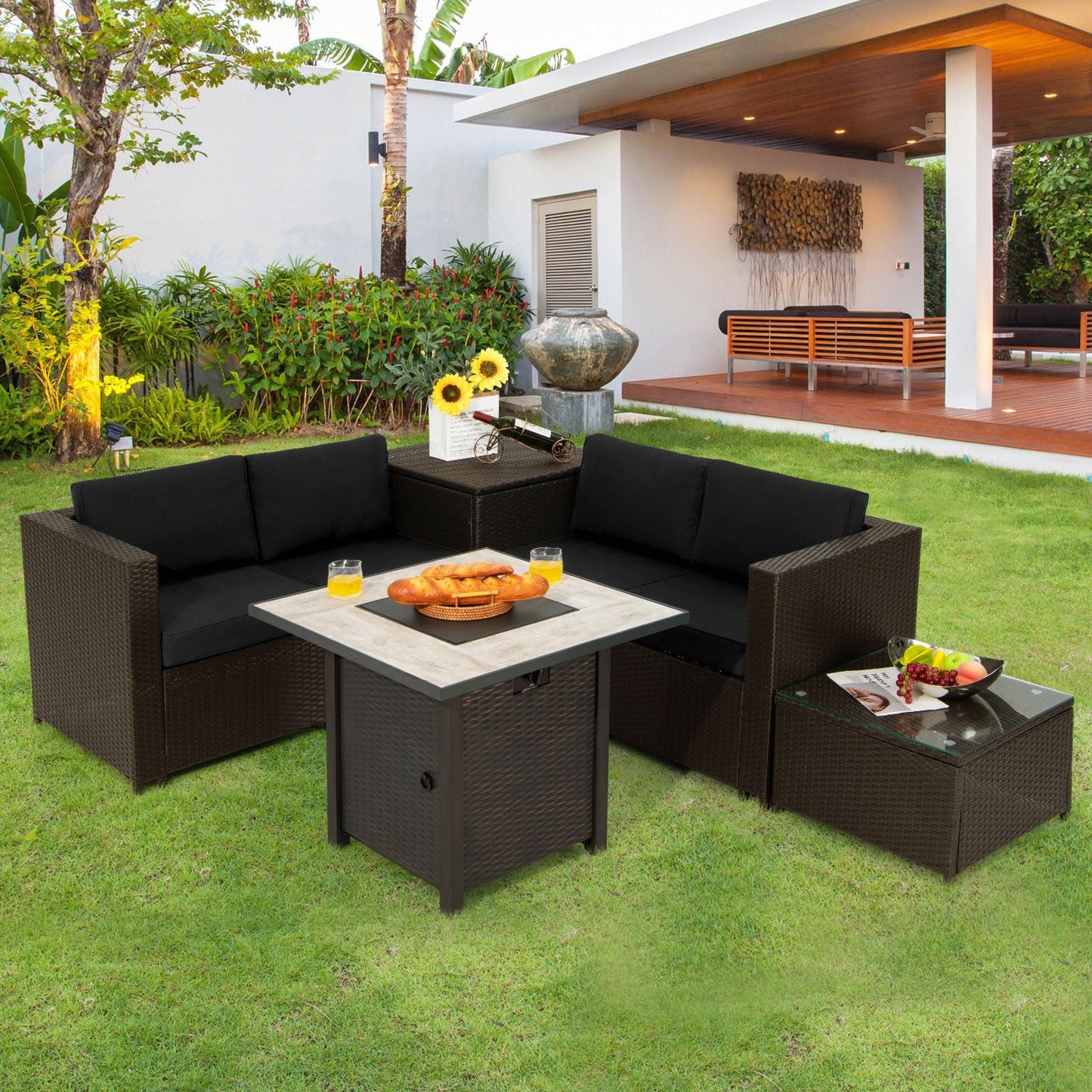 Tangkula 5-Piece Patio Furniture Set with 30 Inches Gas Fire Pit Table, Outdoor Wicker Conversation Sectional Sofa Set with Storage Box and Coffee Table, 50,000 BTU Propane Fire Pit Table (Black)