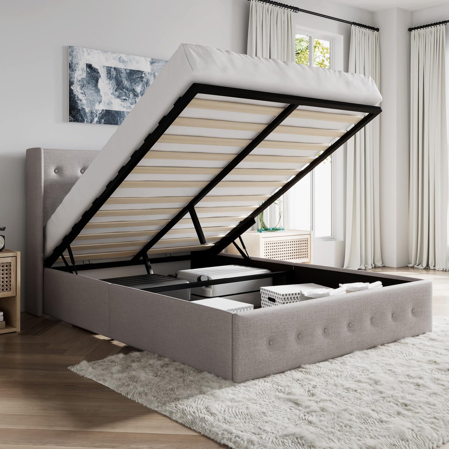 SHA CERLIN Queen Size Lift Up Storage Bed Frame,Button Tufted Wingback Headboard,Upholstered Platform,Hydraulic Storage,Wooden Slat Support,No Box Spring,Light Beige
