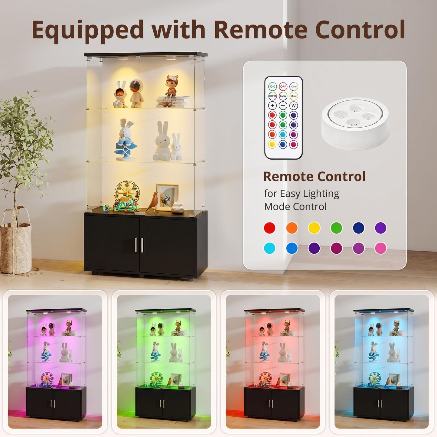 Zevemomo Tempered Glass Display Cabinet with Lights, Double Door, Black