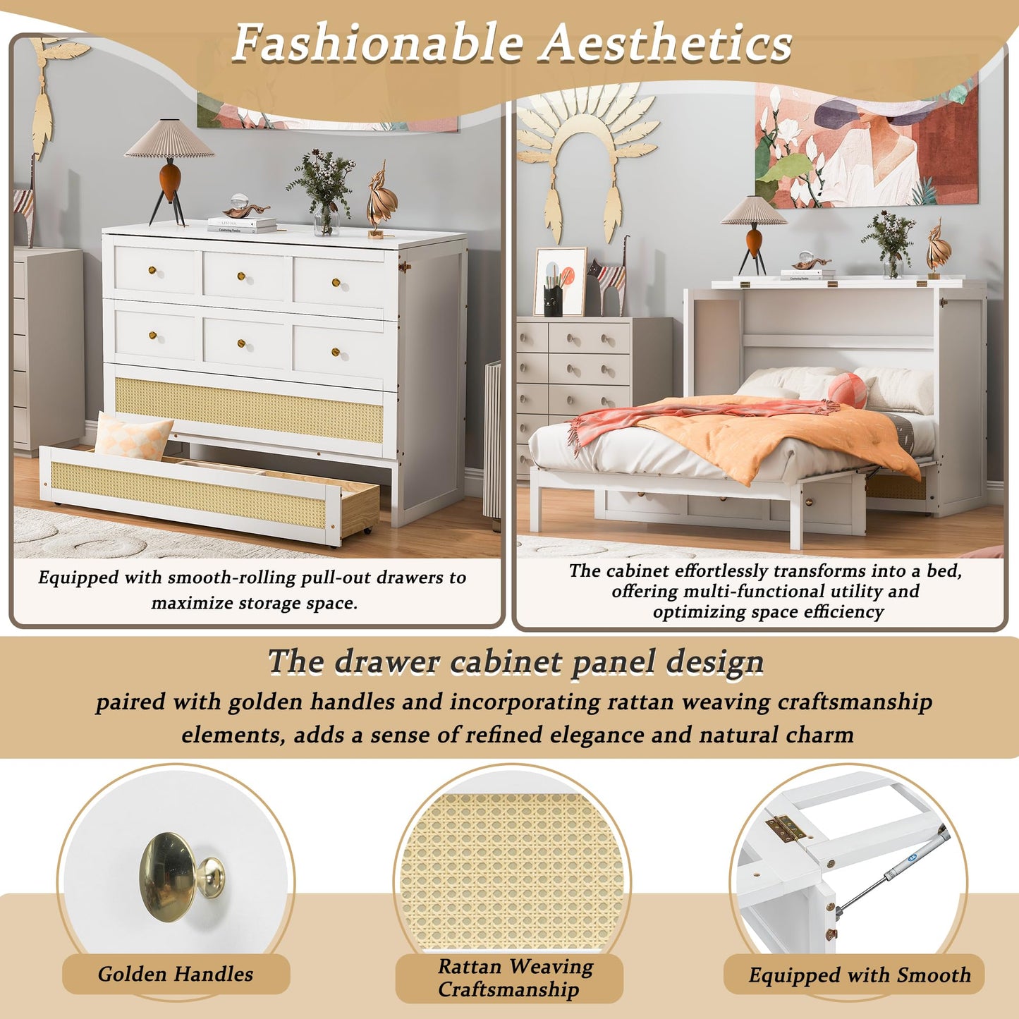 Merax Farmhouse Wood Murphy Bed Chest, Foldable Wall Platform Bed with Storage Drawer/Space Saving/Wood Slat Support/Full, White +Natural