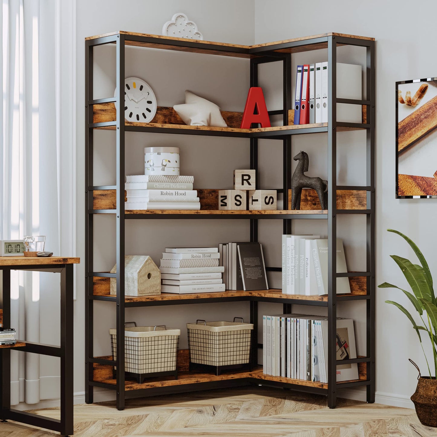 IRONCK Corner Shelf 5 Tiers 70LB Capacity L-Shaped Bookshelf with Baffles and Metal Frame for Home Office Living Room Kitchen Storage and Display