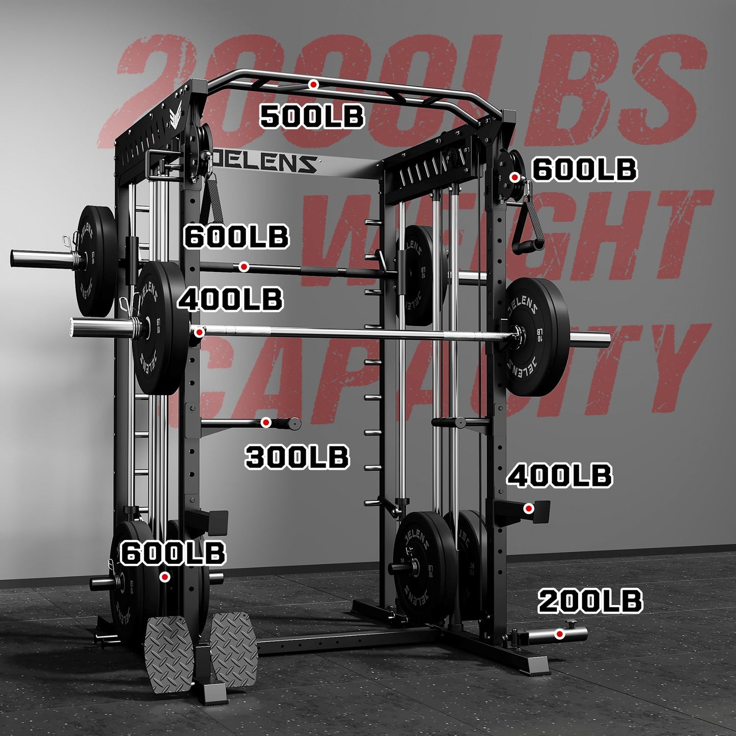 JELENS M21 Smith Machine, Multi-Function Power Cage with Dual Pulley Cable Crossover System, 2000LBS All-in-One Squat Rack with Smith Bar and Attachments (Black, M21 Home Gym Package)