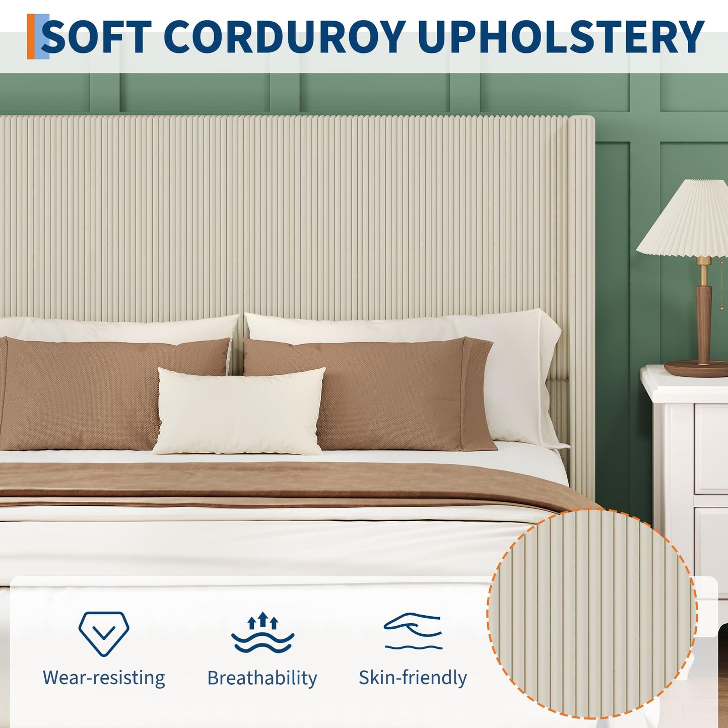GAOMON King Bed Frame with 4 Storage Drawers, Corduroy Upholstered Platform King Size Bed Frame with Wingback Headboard, No Box Spring Needed, Easy Assembly, Beige