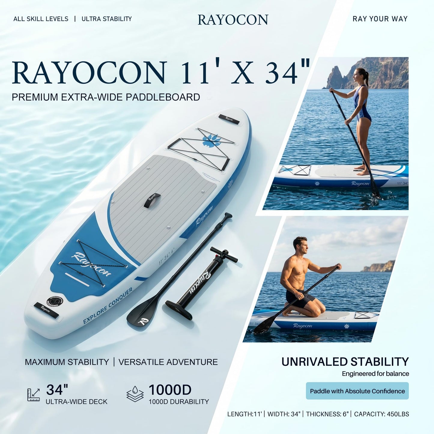 Inflatable Stand Up Paddle Board 11'×34" Extra Wide SUP, Ultra-Stable for Adults & Dog, 450lbs, Dual Chamber Pump, Fiberglass Paddle, Military Grade Dual Layer, Wild Bear Claw Polar Design Blue