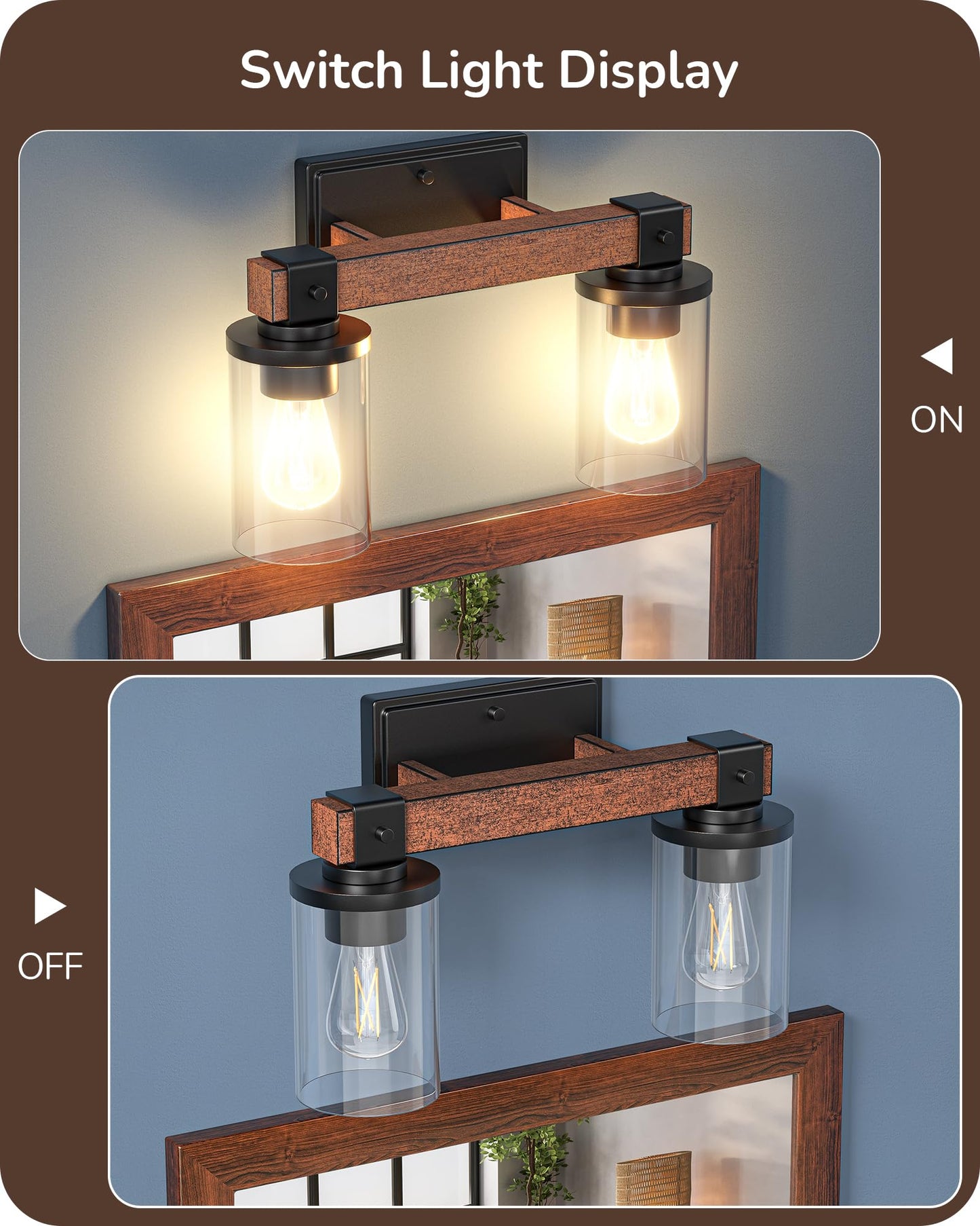 EDISHINE 2-Light Bathroom Vanity Light Fixtures, Dark Wood, Metal, Model HHVL02F, Clear Glass Shade, Ideal for Mirror and Powder Room