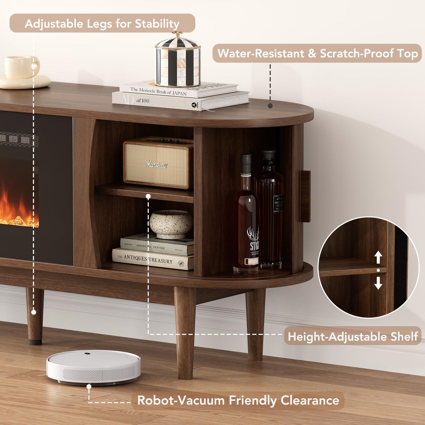 Decofy 70'' Fluted Fireplace TV Stand for 80'' TVs, Entertainment Center with Adjustable Shelves, TV Stand with 36" Electric Fireplace for Living Room, Walnut