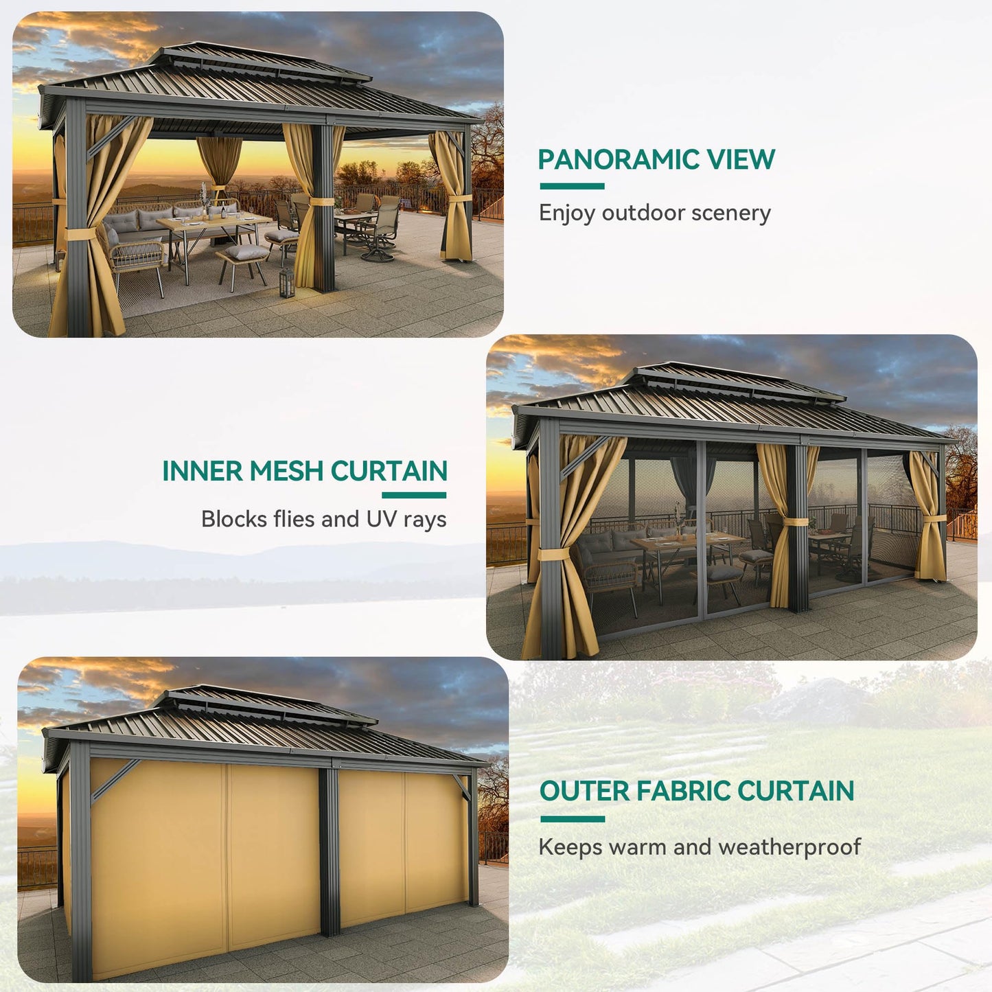 YITAHOME Hardtop Gazebo Aluminum Pillar Double Roof Canopy Galvanized Iron Steel Top Garden Tent Curtains Netting for Patios Backyards Decks Lawns, Brown, 12X18FT
