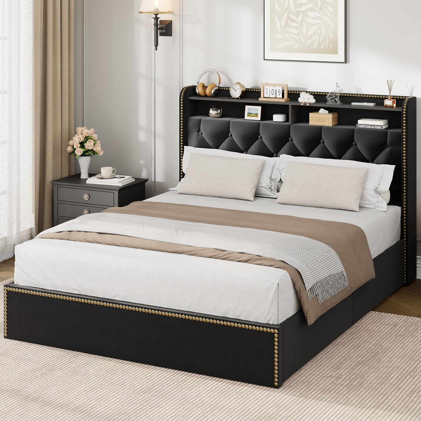 Queen Size Black Velvet Storage Bed with Shelved Headboard and 4 Drawers, Tufted Upholstered Platform Bed Frame with Nailhead Trim, Metal Support Slats, No Box Spring Required, Easy to Assemble