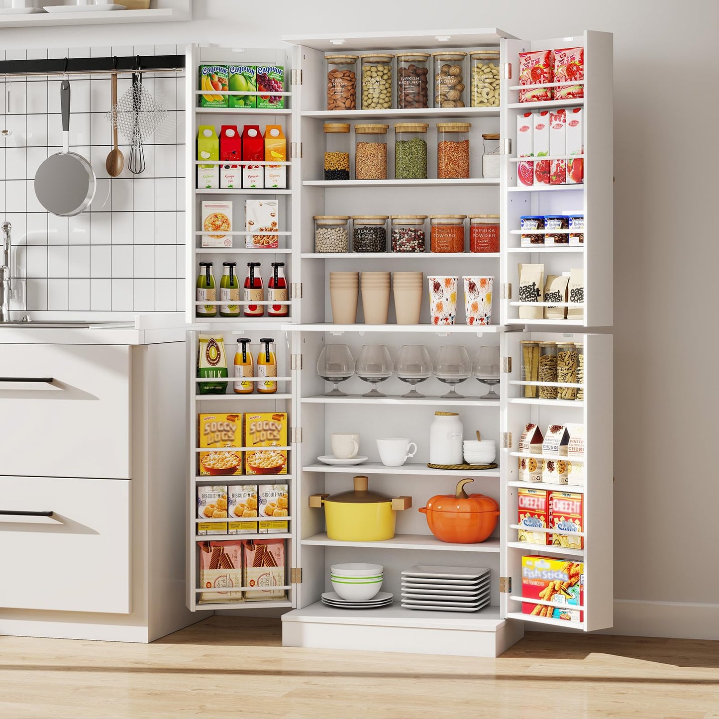Giantex Kitchen Pantry Cabinet, 65.5" Tall Kitchen Hutch w/8-Tier Storage Cabinet, 16-Tier Door Shelves & Adjustable Shelves, 4-Door Freestanding Buffet Sideboard for Dining Room, Living Room, White