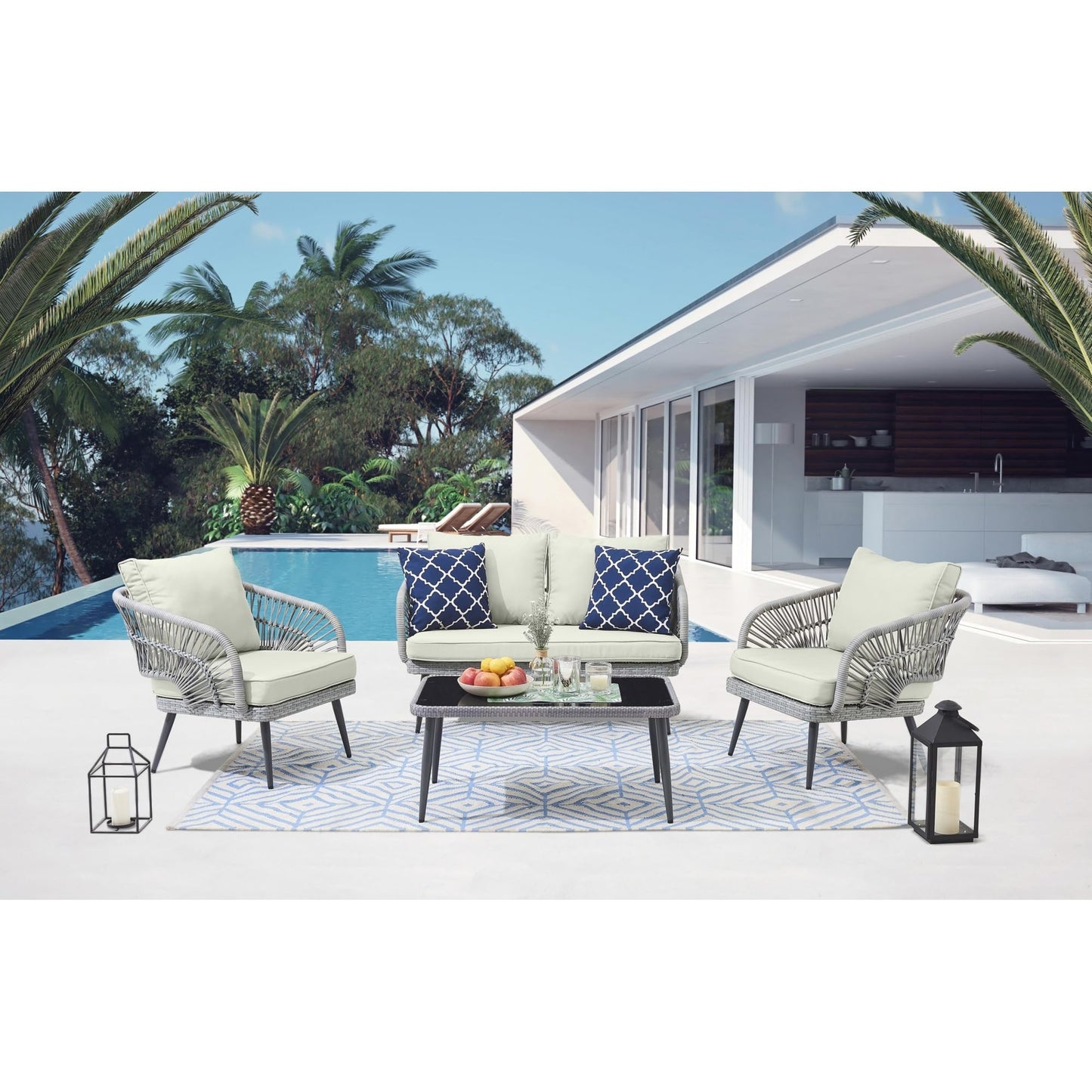 Manhattan Comfort Riviera Rope Wicker 4-Piece 4 Seater Patio Conversation Set with Cushions, Cream