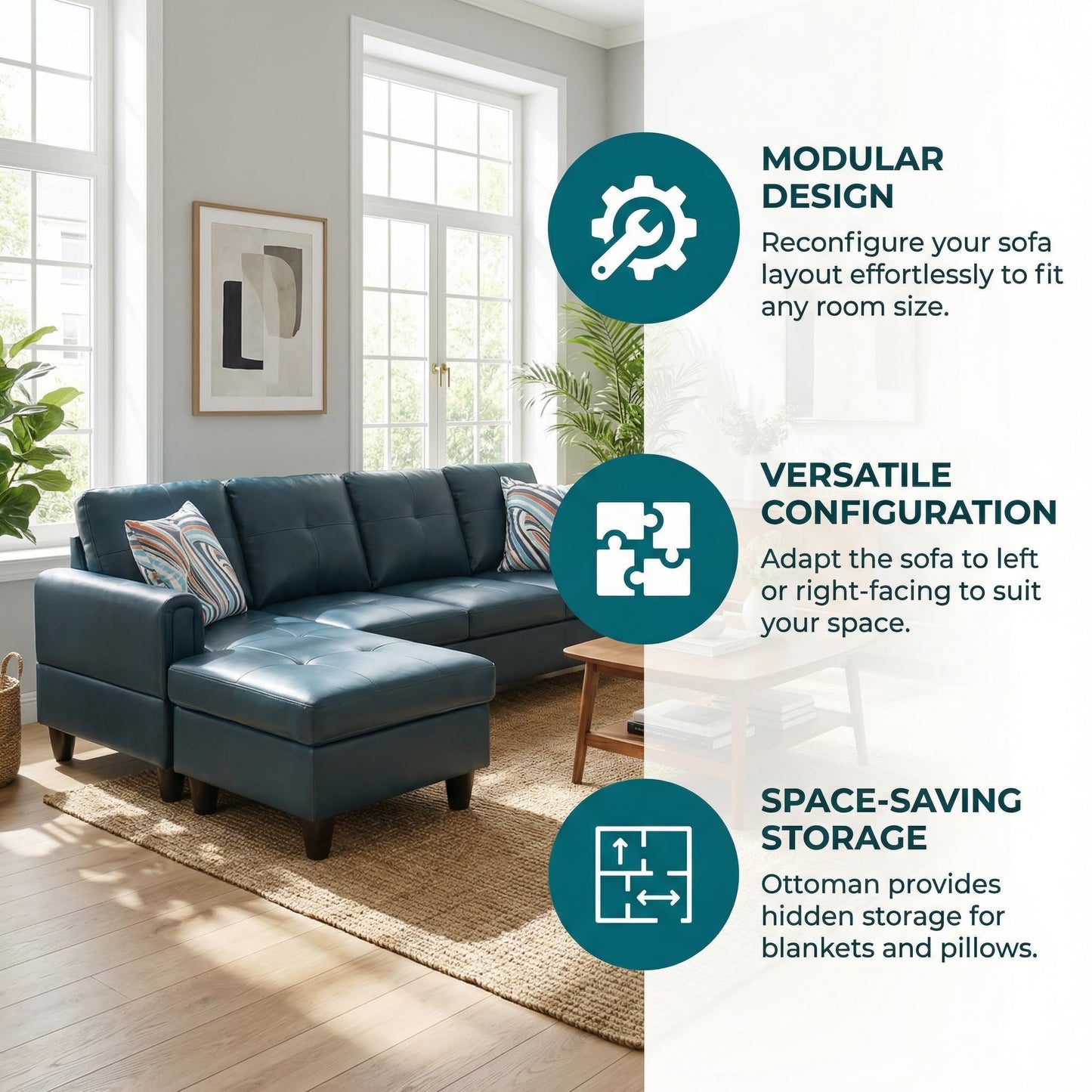 Trygoal 97" Leather 4-Seat L-Shaped Sectional Sofa with Movable Chaise & Storage Ottoman - 3-Piece Modular Convertible Couch for Living Room, Bedroom, Apartment & Office, Gray Blue