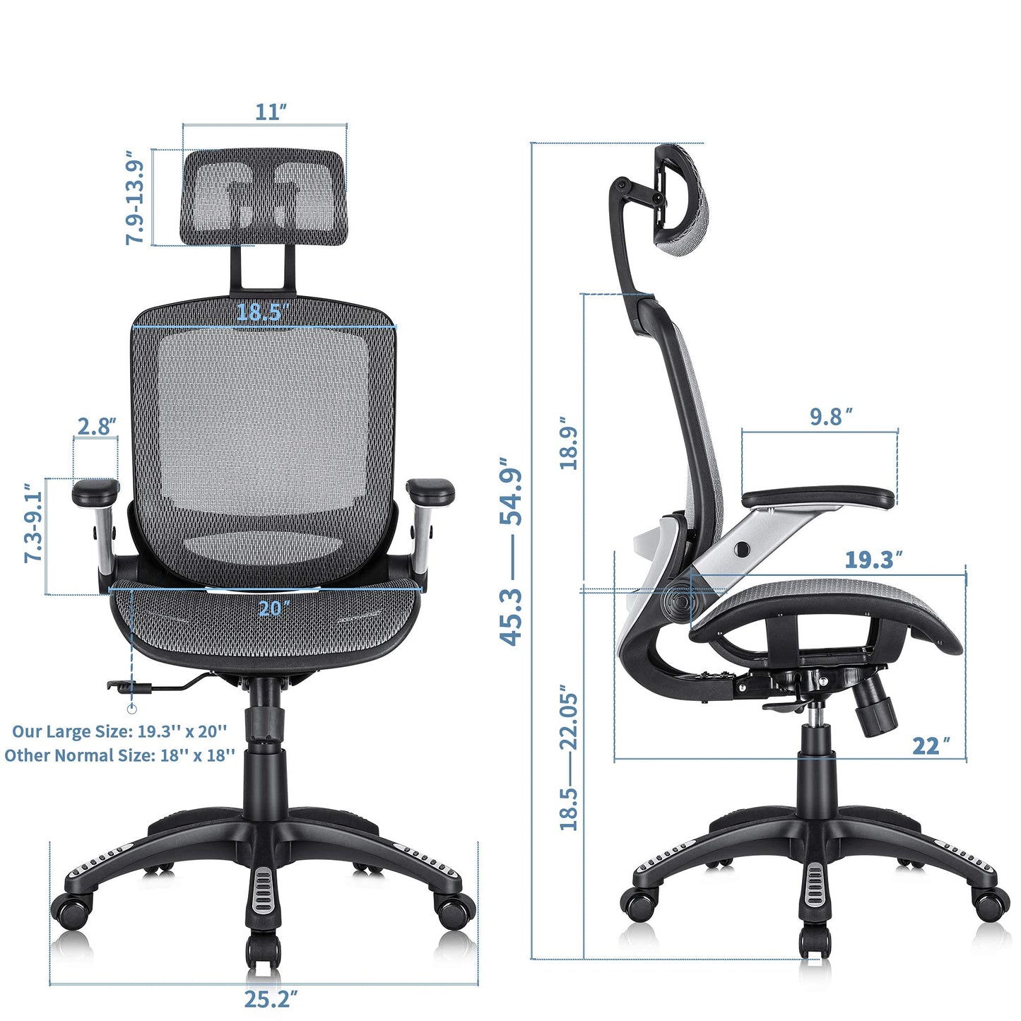 GABRYLLY Ergonomic Office Chair, High Back Home Desk Chair with Headrest, Flip-Up Arms, 90-120° Tilt Lock and Wide Cushion, Big and Tall Mesh Chairs for Man Woman, Grey Task Chair