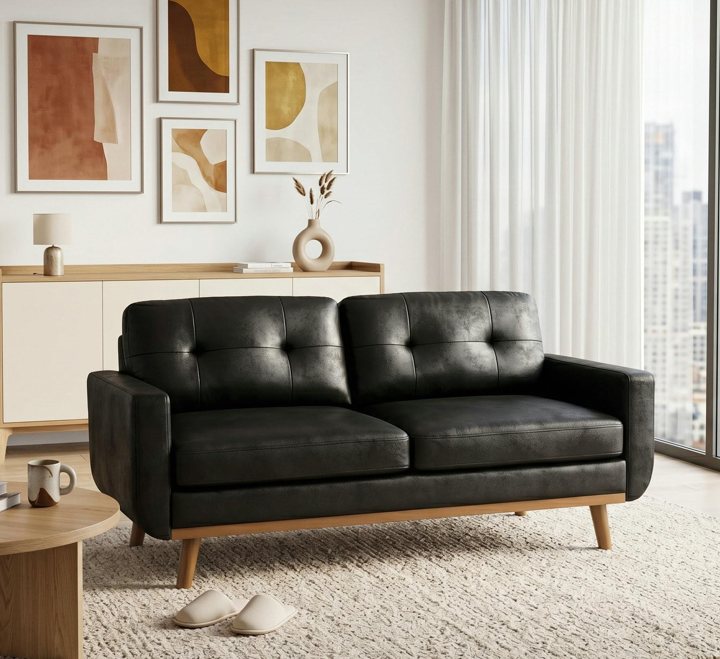 Ball & Cast 65" Loveseat Sofa,Mid Century Modern Love Seat Couches for Living Room,Button Tufted Upholstered Small Couch with Solid Wood Legs for Bedroom,Apartment,Office,Fabric,Black