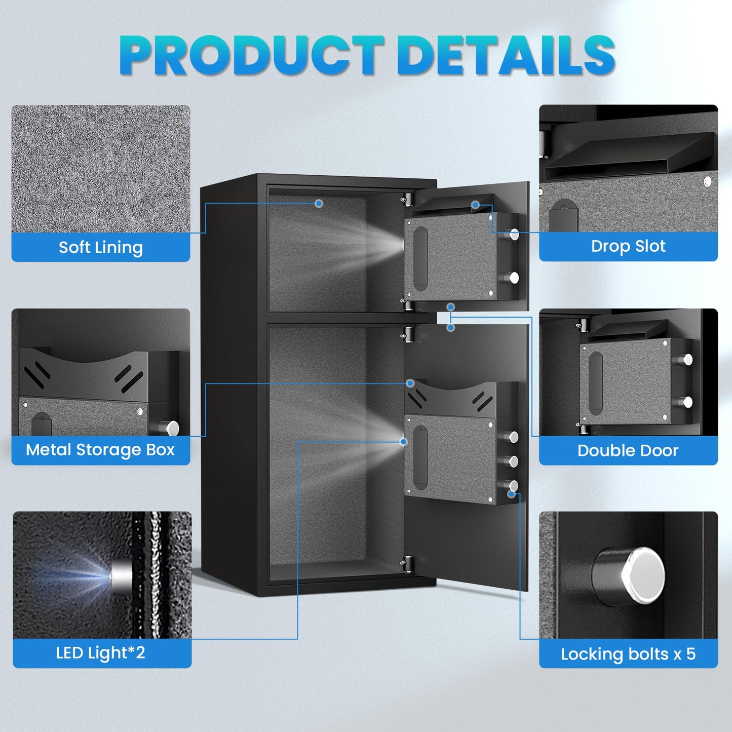 Karbeen 6.5 Cu ft Large Safe Box Fireproof Waterproof with LED Light Safe for Home Documents,Fingerprint Password Personal Safe with Deposit Slot & Dual Alarm System Security Box for Valuables