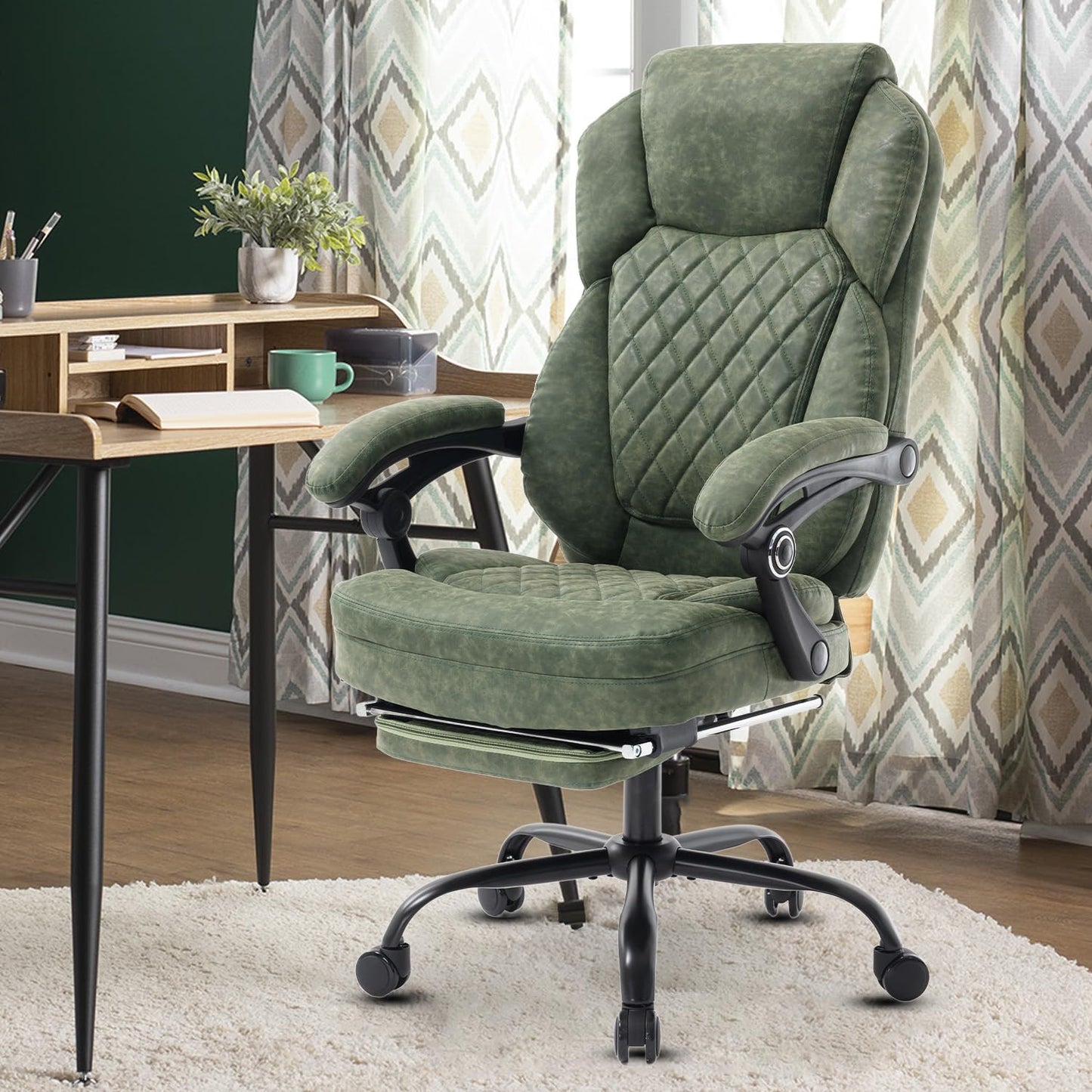linting 400lbs Ergonomic Reclining Office Chair with Footrest, Plus Size Big Tall Leather Recliner Office Desk Chairs with Foot Leg Rest, Green