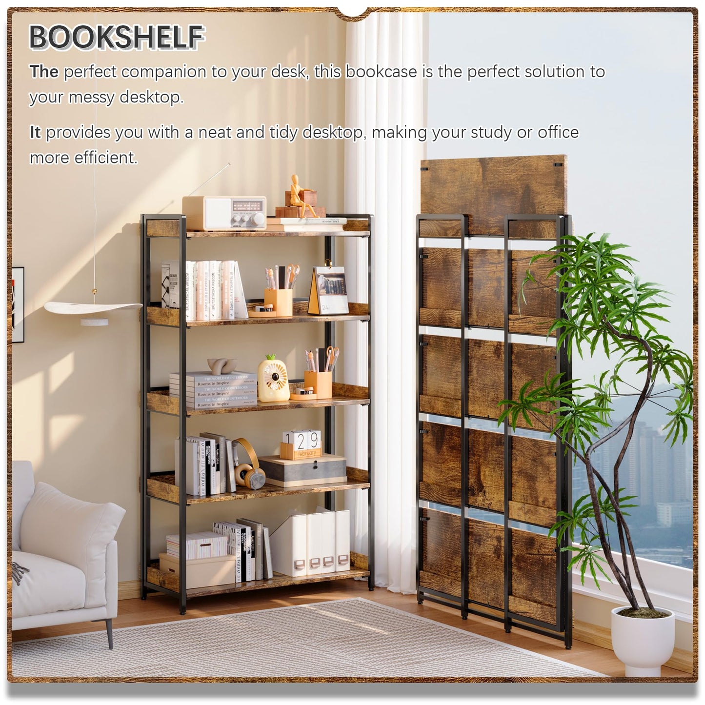 4NM Extra Wdie No Assembly Folding Bookshelf, 64.3" H x 30.9" W, 5 Tier Collapsible Book Shelf Bookcase Foldable Shelves for Bedroom Living Room Home Office - Rustic Brown & Black