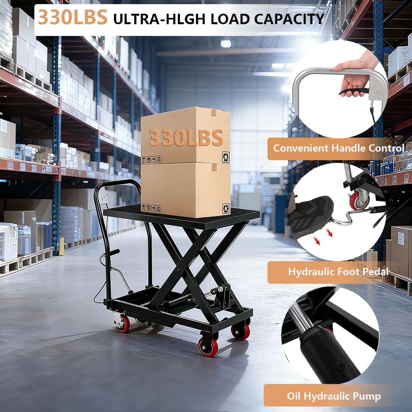 Hydraulic Lift Table Cart, Single Scissor Lift Table with Non-Slip Pad for Material Handling & Transportation, 330lbs Capacity 28.5" Lifting Height