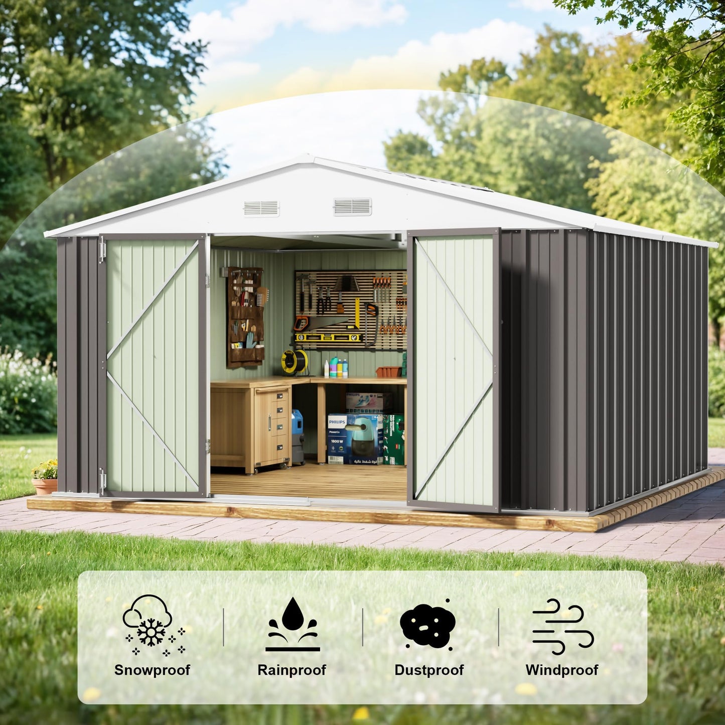 JUMMICO 10 x 10 FT Outdoor Storage Shed, Large Metal Garden Shed & Tool Sheds for Backyard Garden Patio Lawn (Grey)