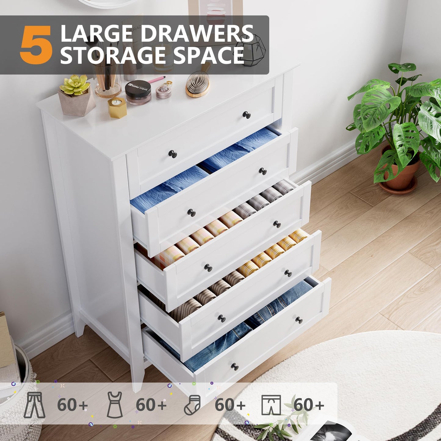 GarveeHome White 5 Chest of Drawer Dresser, Modern Tall Nightstand with Deep Drawers and Nickel Round Handle, Wood Organizer Storage Cabinet for Bedroom, Living Room, Hallway