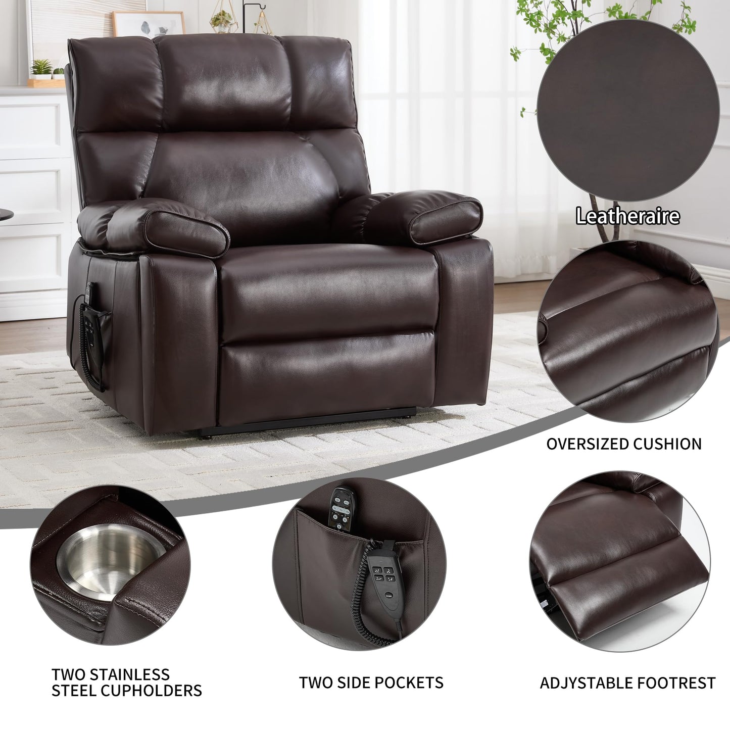 KEIKI Leatheraire Oversized Electric Power Lift Recliner Chair with Heat & Massage, Dual Motor, Infinite Positions, Hidden Cup Holders, Medium-Firm, Heavy Duty Up to 350 lbs, Dark Brown