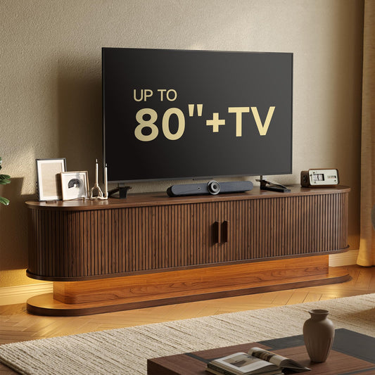 ONBRILL 70" TV Stand up to 80 Inch, Entertainment Center with LED Lights and Storage, Mid Century Modern Fluted TV Console with Power Outlet, Media Console for Living Room Bedroom (Walnut)
