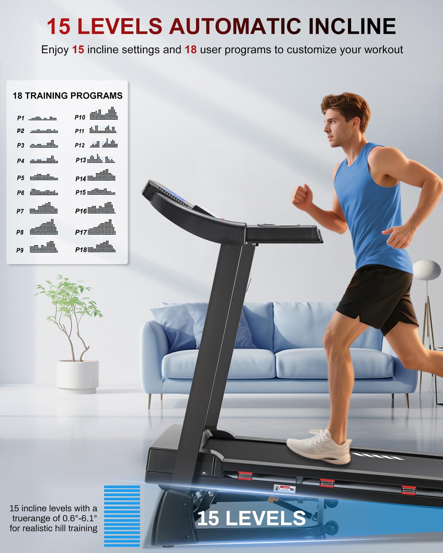 Treadmill with 15-Level Auto Incline, 47"x18" Wide Running Belt, 400 LB Capacity, 10 MPH, 4.0 HP Brushless Incline Treadmill for Home, Shock Absorption, Bluetooth Speaker & App