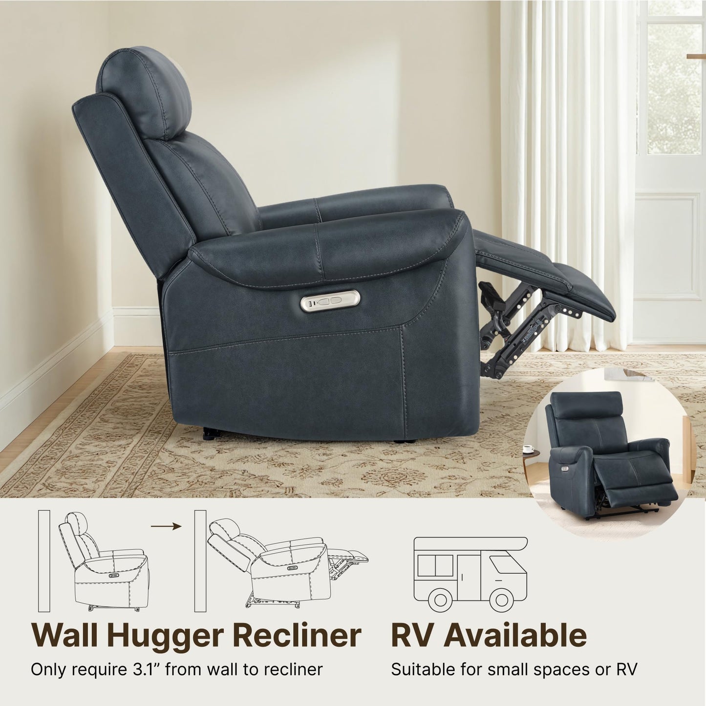 KISLOT Wall Hugger Recliner Chair for Adults, Faux Leather RV Recliner with USB Charging Ports Electric Power Reclining Sofa for Living Room Home Theater Seating Bedroom