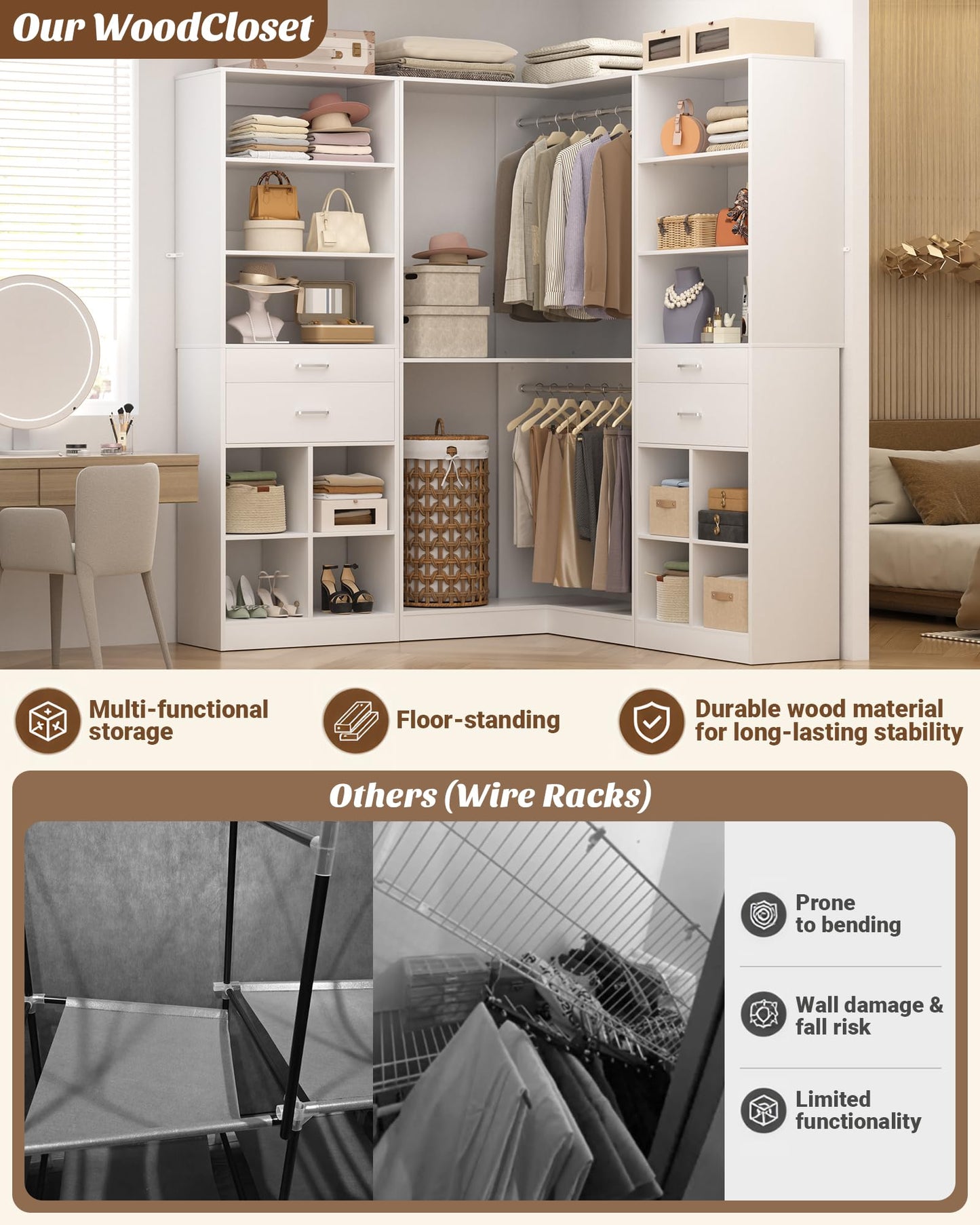 Besiost Closet System with 4 Drawers, 53.5" * 53.5"/ 31.5"*75.5" Closet Organizer System with Corner Tower, L Shaped Walk-in Closet System, Corner Closet System with Shelves, Set of 3, White