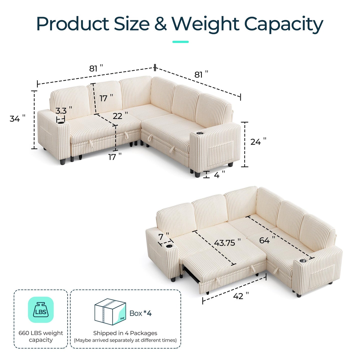LINSY HOME Sectional Sofa with Pull Out Bed, 5 Seats Corduroy Reversible Sleeper Sofa with Storage Seats, USB Ports, Cup Holders, Side Pocket, Sectional Couches for Living Room