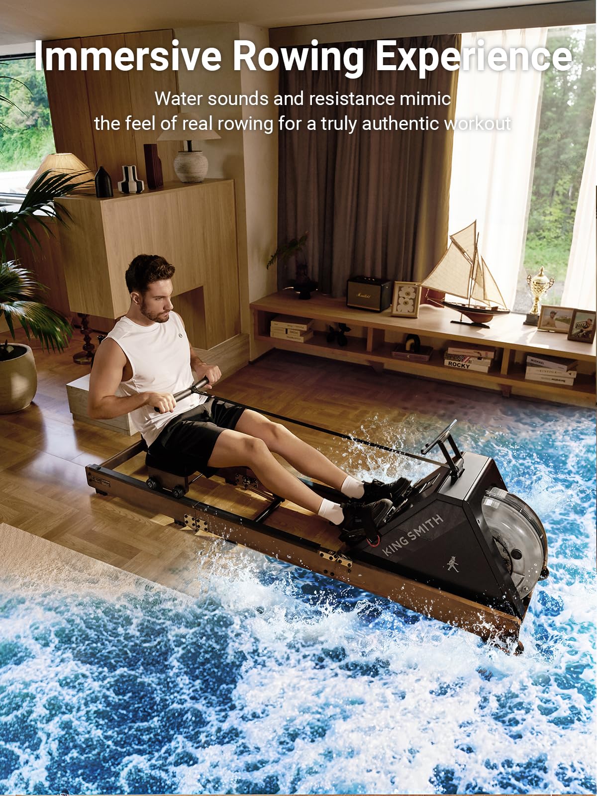KINGSMITH Water Rowing Machines for Home, WR20 Foldable Row Machine, 331LB Weight Capacity, Water Rower Machine with LCD Monitor, App Supported and Comfortable Seat for Folding Water Rowers, Walnut