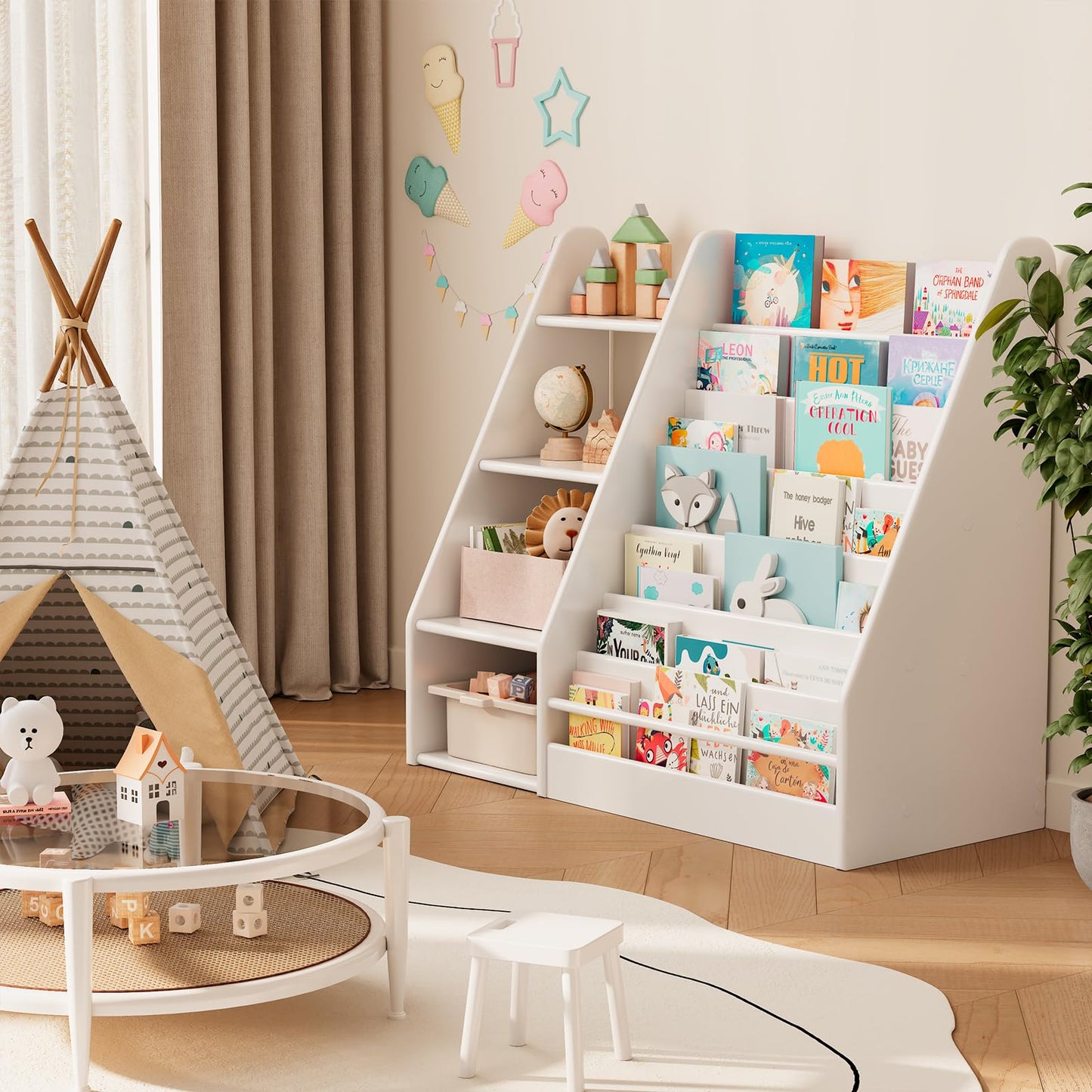 DONGMUWUJEE Solid Wood Kids Bookshelf and Storage Organizer, 7 Layer Children Bookcase, Baby Toddler Wooden Book Shelf, Display Cabinet for Playroom, Bedroom, Classroom, Nursery, School, White