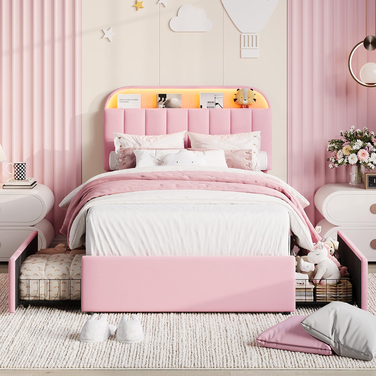 Garvee Twin Size Bed Frame with 2 Flexible Drawers, Velvet Upholstered Platform Bed Frame with Bookcase Headboard and LED Lights, Kids Bed for Girls, Easy Assembly, Noise Free, Pink