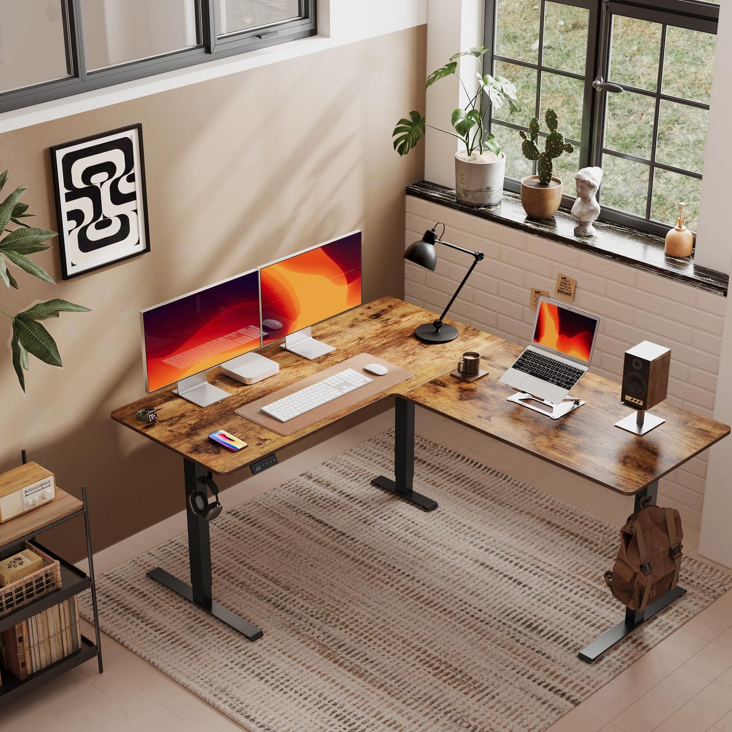 Cubiker L Shaped Standing Desk - 63 x 55 Inch Electric Adjustable Height Corner Standing Desk, Ergonomic Sit Stand Up Table, Splice Board for Home Office, Rustic Brown