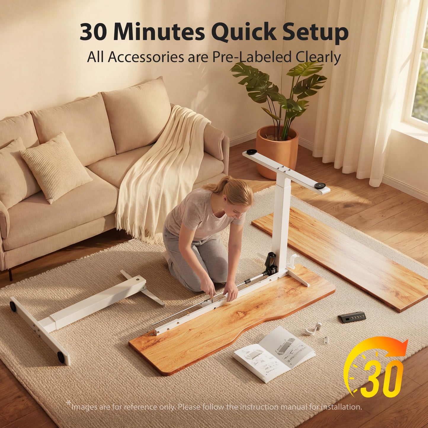 Cubiker Standing Desk, 63x28 Inches Sit Stand Home Office Desk, Electric Stand up Desk, Adjustable Desk with Splice Board, White Frame/Light Rustic Top