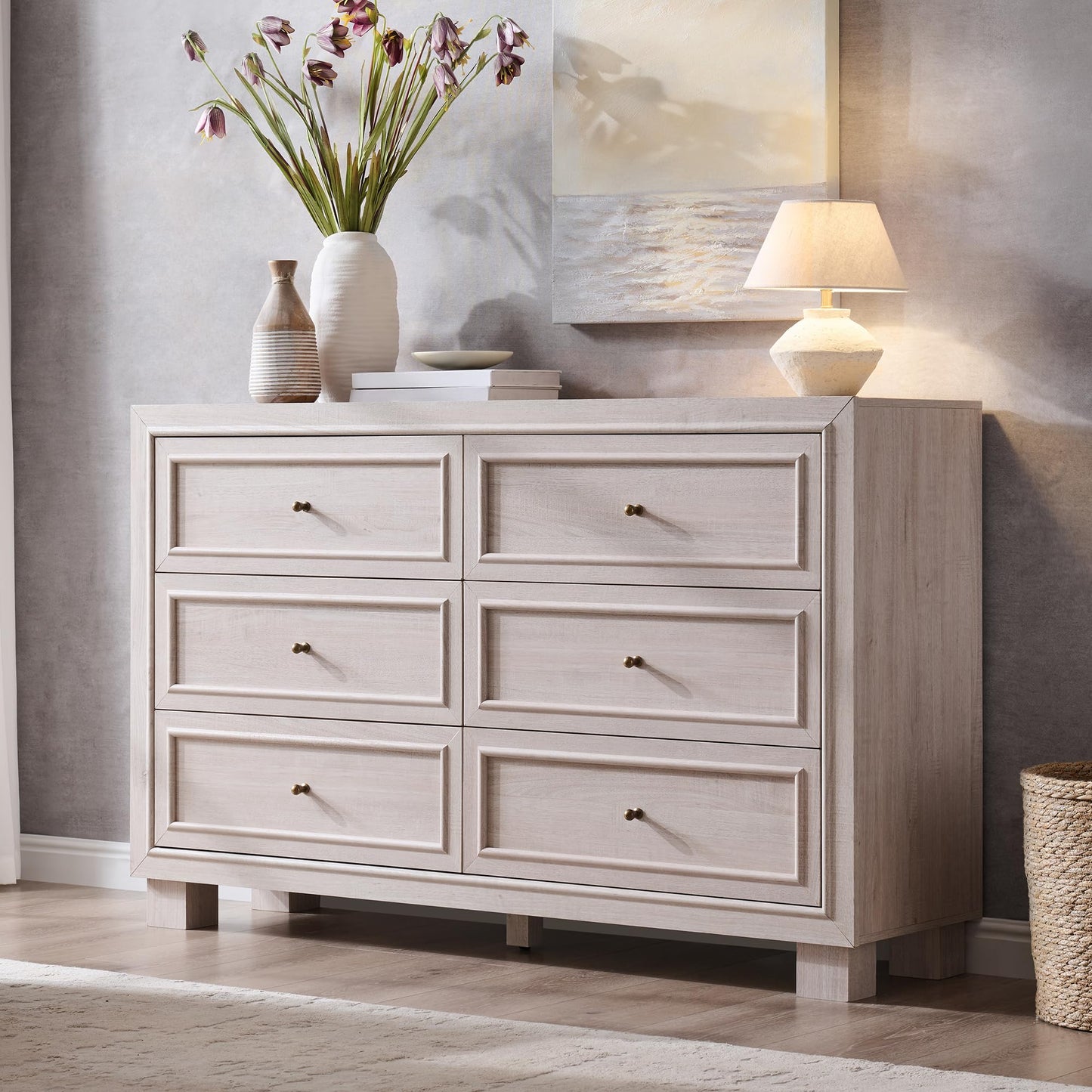 JXQTLINGMU Dresser for Bedroom with 6 Drawers, Two Included Base Styles, 52" Wide Closet Dresser TV Stand w/Storage, Wooden Mid Century Modern Chest of Drawers for Living Room, Hallway, White Alder