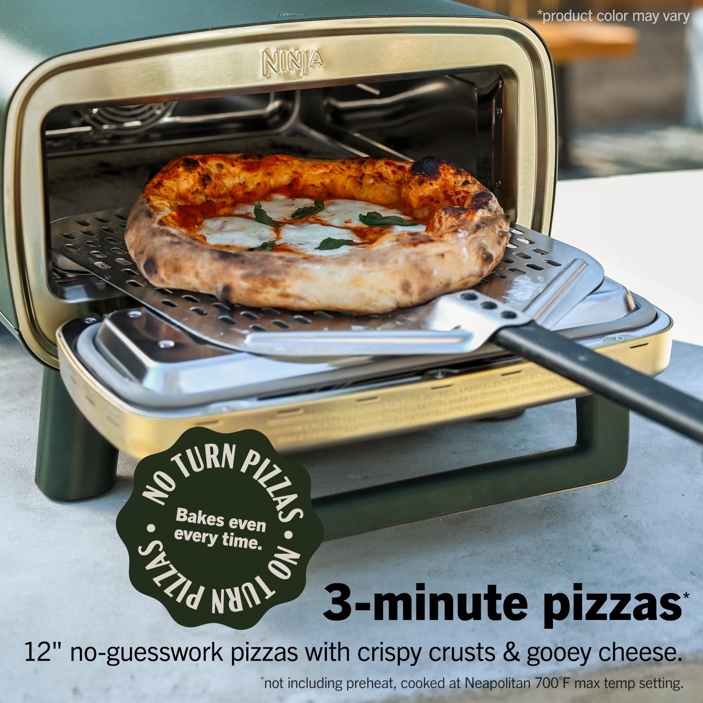 Ninja Artisan Outdoor Pizza Oven, 12-inch, 3-minute Pizza, Neapolitan, Thin Crust, New York Chicago, Custom, 700F Max Temperature, Electric Heat, Bake, Broil, Proof, Warm, Green, MO201GN2