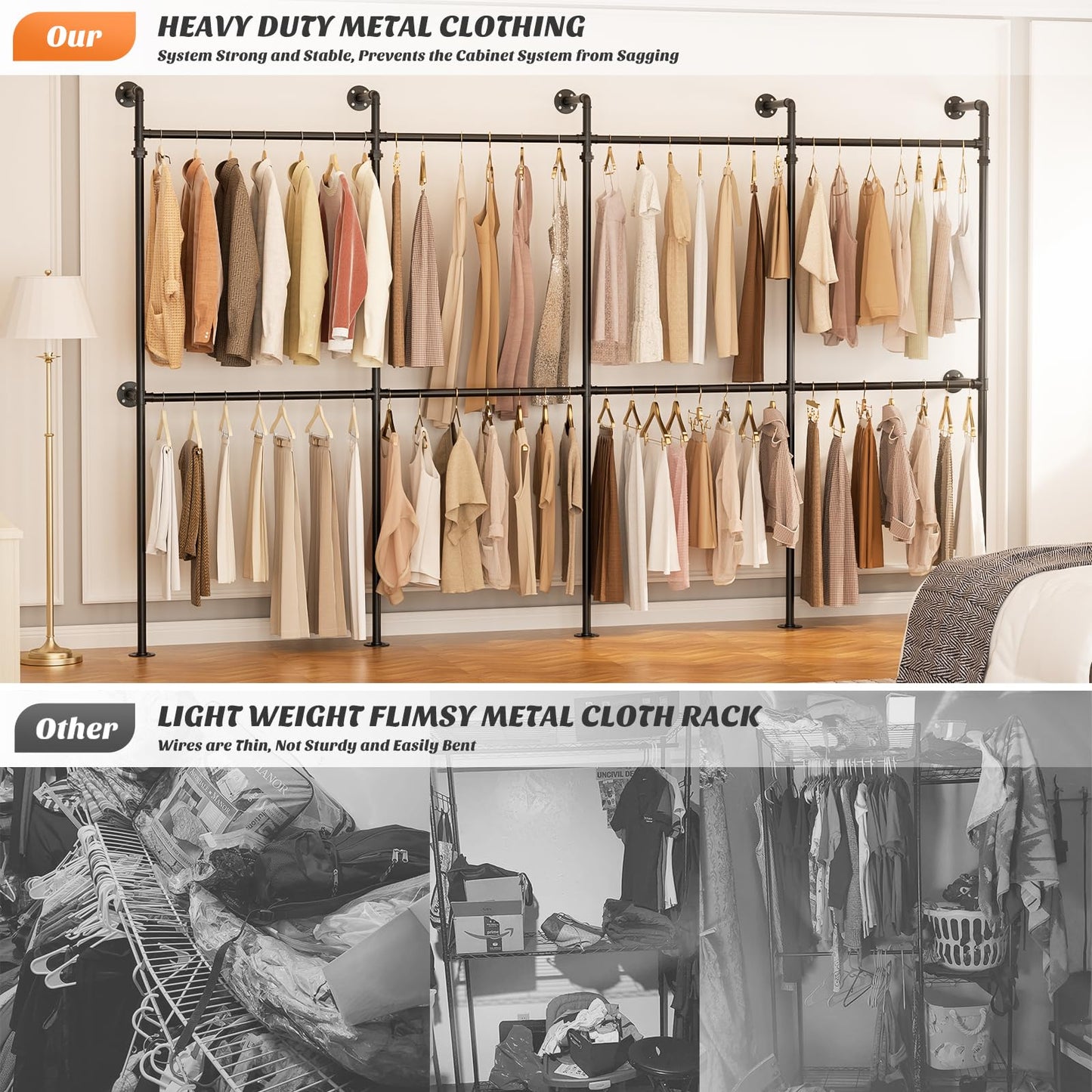 Aheaplus Industrial Pipe Clothing Rack, Reversible 13FT Clothes Rack for Hanging Clothes, Heavy Duty Garment Racks, Wall Mounted Closet Wardrobe, Corner L Shaped Walk-in Closet System, Black