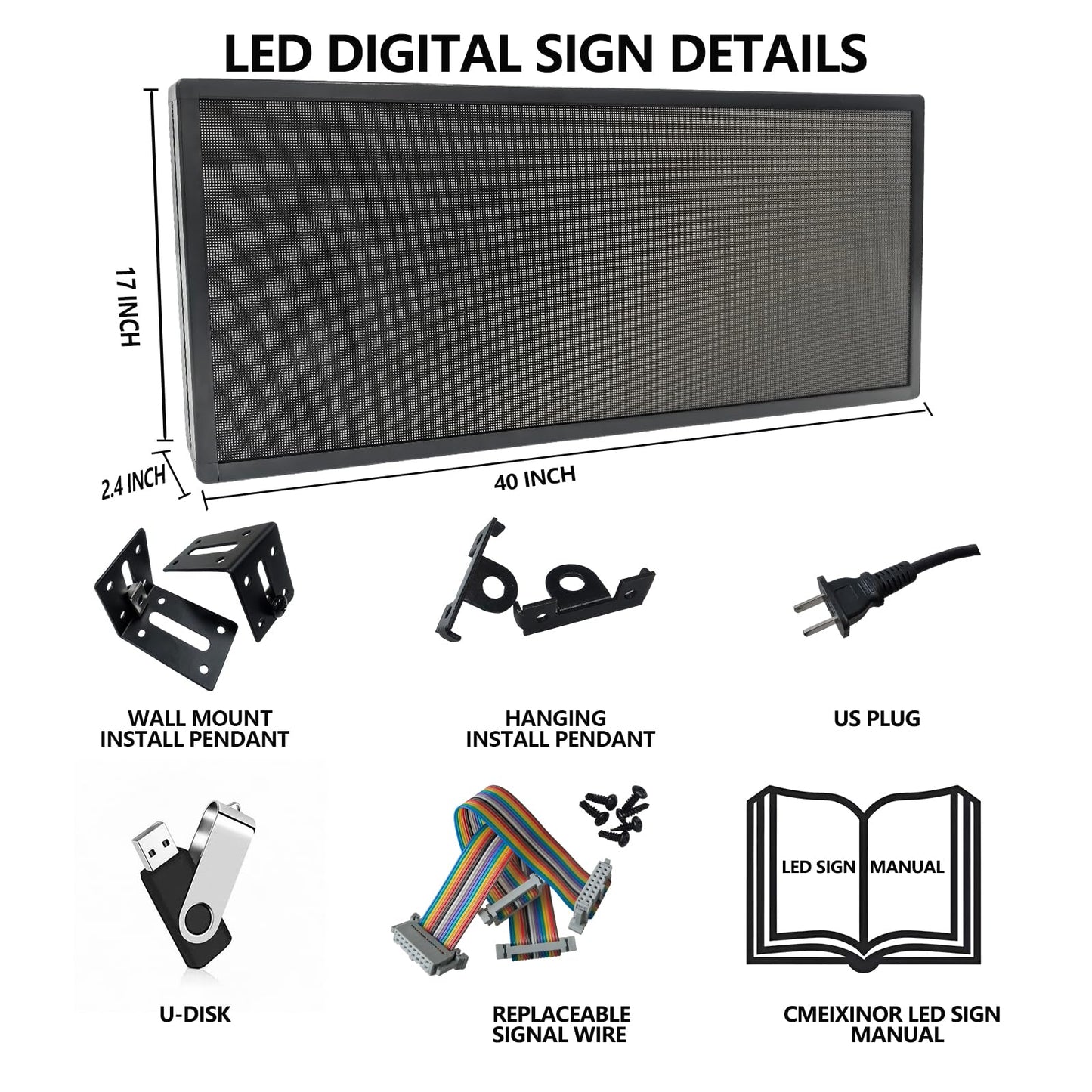 P3 Full Color LED Scrolling Programmable Sign Brightness Adjustable, IP65 Outdoor Digital Message Board, WiFi + USB Control Led Message Signs for Restaurant to Display Text/Images/Video 40''x17''