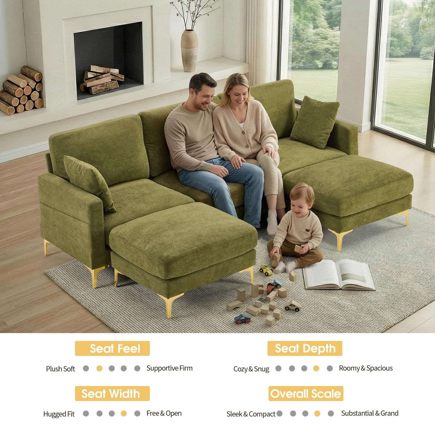 VINGLI 100" W U Shaped Couch with Ottoman, 22" Deep Seat Comfortable Sectional Couches for Living Room, 3 Seater Chenille Fabric Cloud Sofa for Apartment, Small Spaces, Bedroom, Green