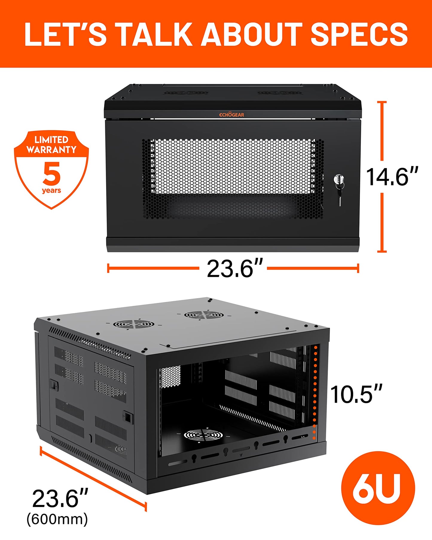 ECHOGEAR 6U Network Rack w/Enclosed Design, Easy Install, 600mm Depth