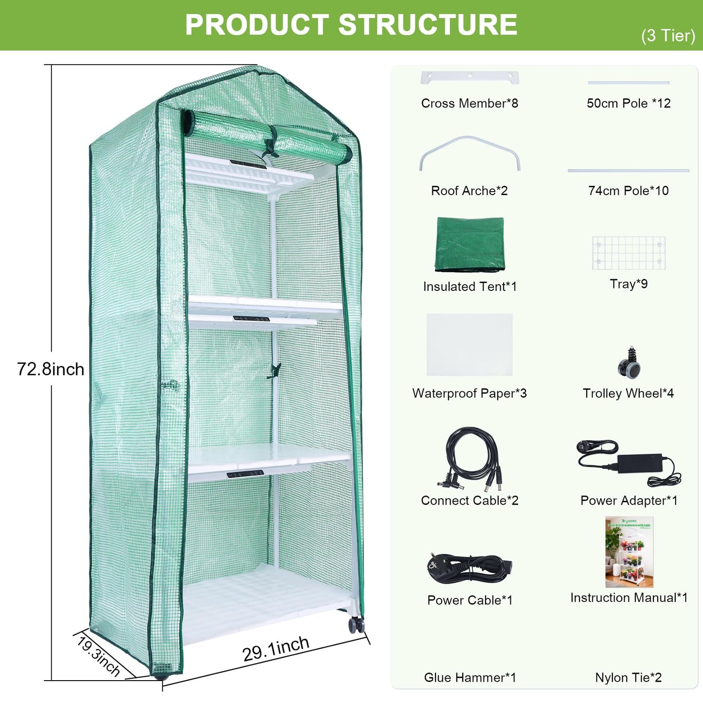 Mini Indoor Greenhouse with Grow Light, 3-Tier Portable Plant Greenhouse Cabinet with Wheels, 36W Full Spectrum LED, Waterproof PVC Tent Cover for Seed Starting, Herbs, Indoor Plants (Green, 3 Tier)