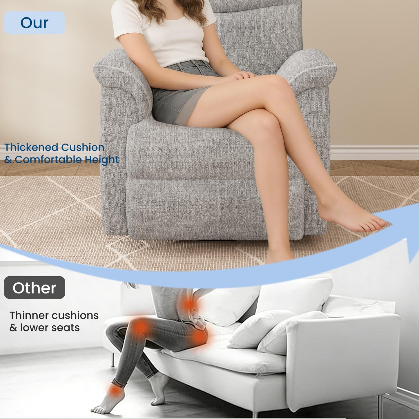 Garvee Swivel Rocker Recliner Chair, Nursery Rocker Recline Chair, Manual Chenille Reclining Armchair with 38.6" w Seat, 350 Lb Capacity, Oversized Single Sofa for Living Room Bedroom,Grey