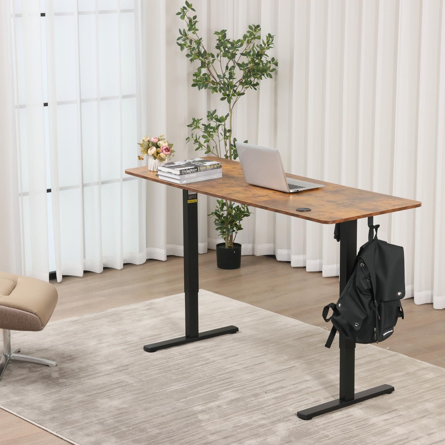 Hexago 63 x 24 Inch Height Adjustable Electric Standing Desk, Sit Stand Home Office Desk with Splice Board, Memory Presets, T-Leg Frame – Rustic Brown