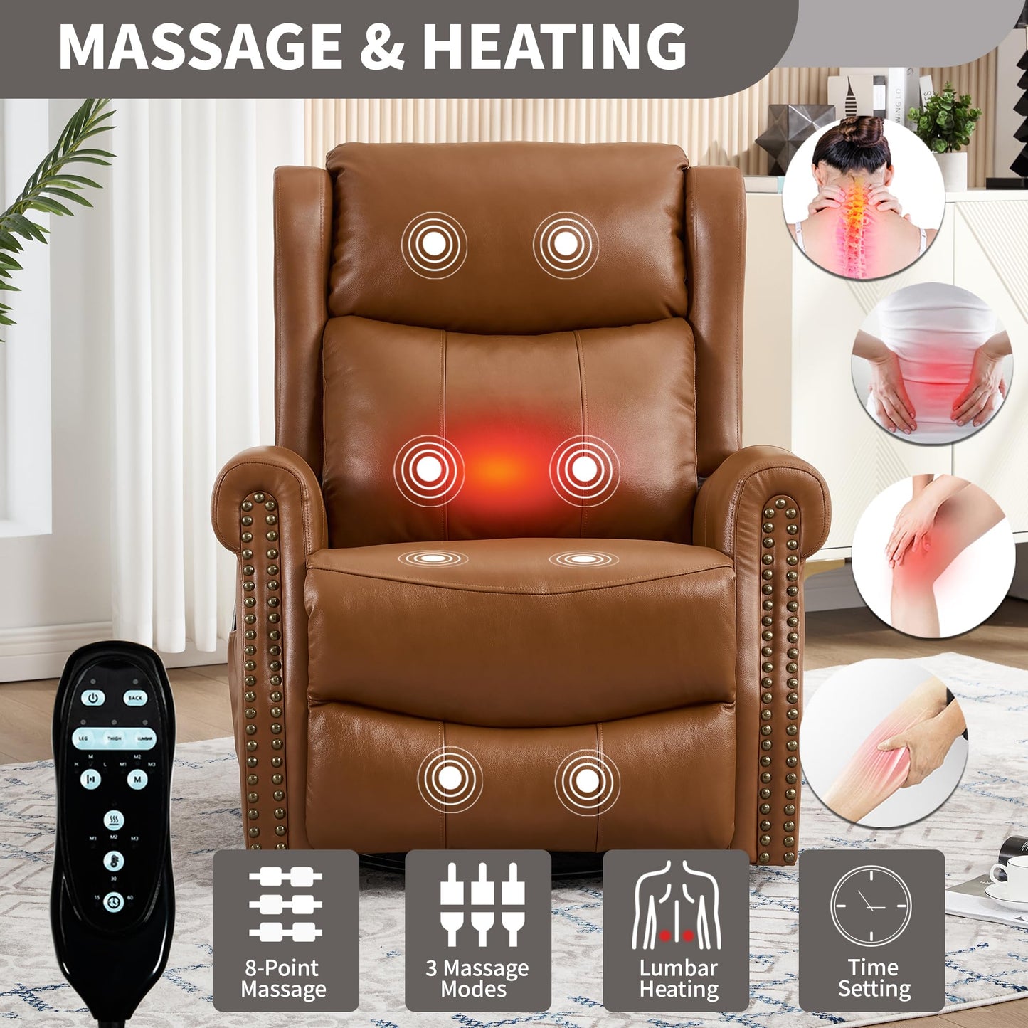 Heat Massage Manual Recliner Chair with Rocking and 360° Swivel Base, Genuine Leather Recliner Chair with Lumbar Heat, 8-Point Vibration Massage, 155° Reclining Living Room Chair, Dark Yellow