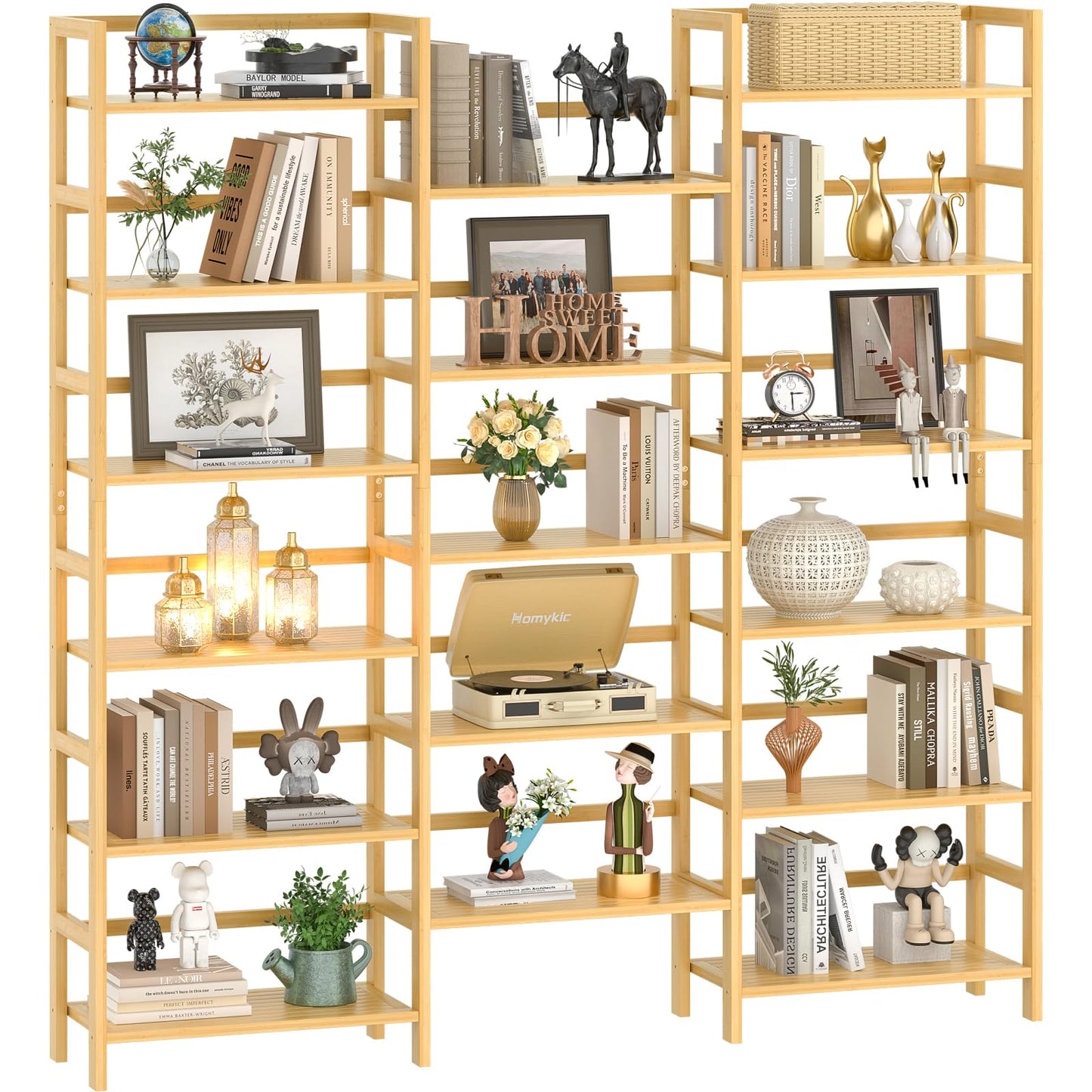 Homykic Bamboo Bookshelf, 71” Tall Triple Wide Bookcase with 17 Open Storage Shelves, 6-Tier Etagere with Back Rails, Large Display Shelf for Books, Plants, Home Office, Living Room, Max Load 748LBS
